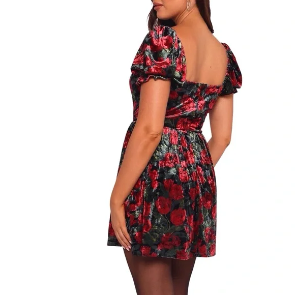 Petal And Pup Mini Dress Red Floral Velveteen Puff Sleeve Size Small - Picture 3 of 8